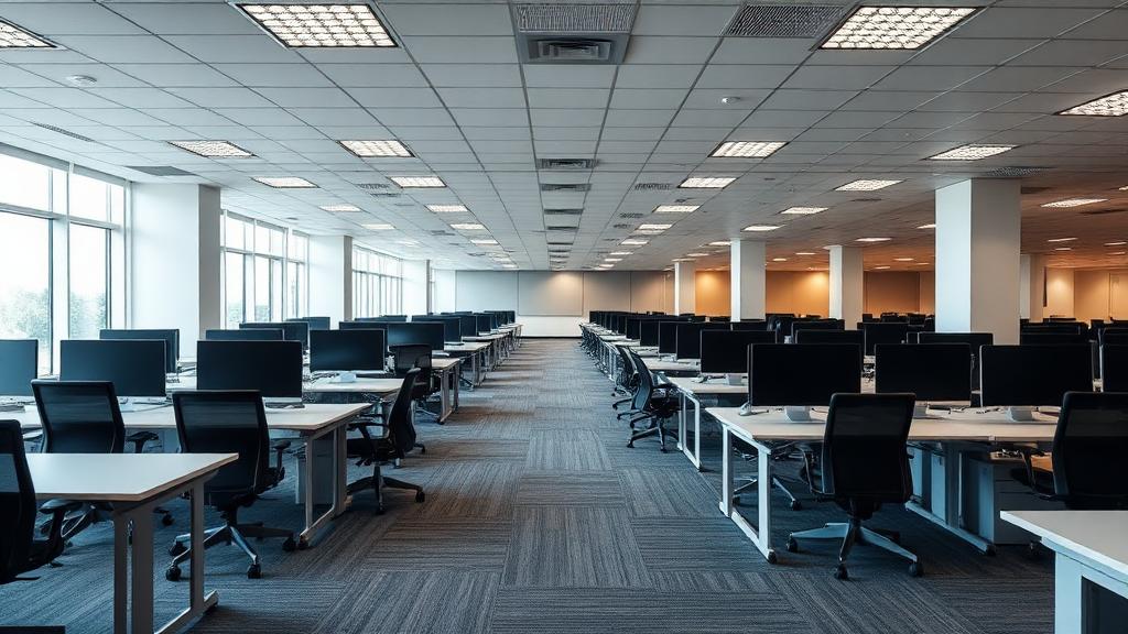 Open Plan Office Fit Out Bolton Completed open plan office workspace in Bolton with modern desking and LED lighting by JDCM Ltd