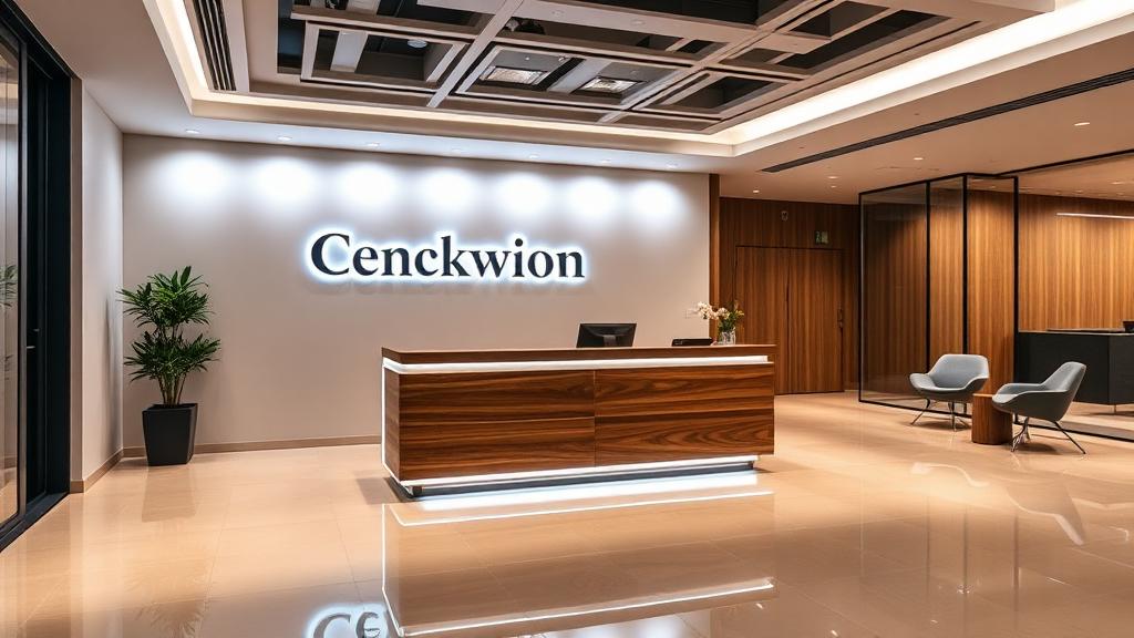 Reception Area – Office Fit Out Bolton Bespoke reception area with branded joinery completed as part of an office fit out in Bolton